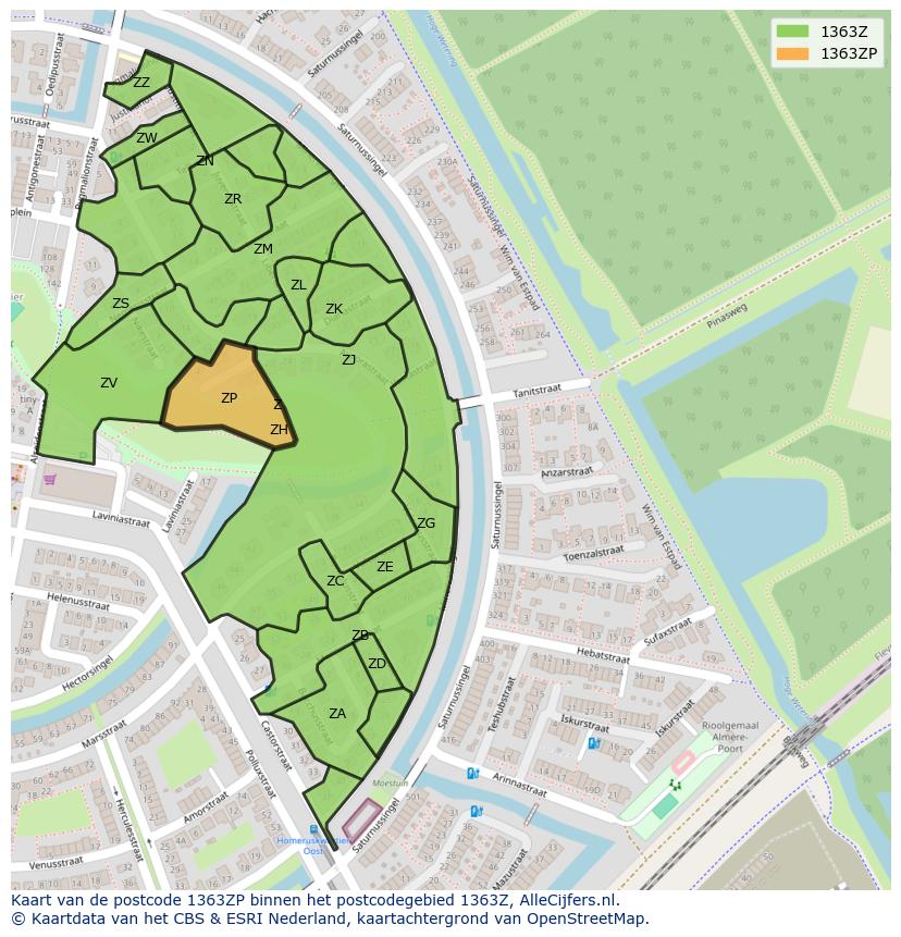 Afbeelding van het postcodegebied 1363 ZP op de kaart.