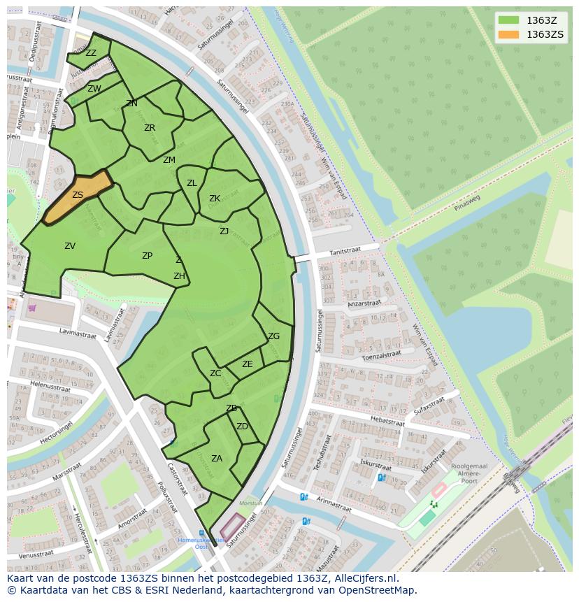 Afbeelding van het postcodegebied 1363 ZS op de kaart.