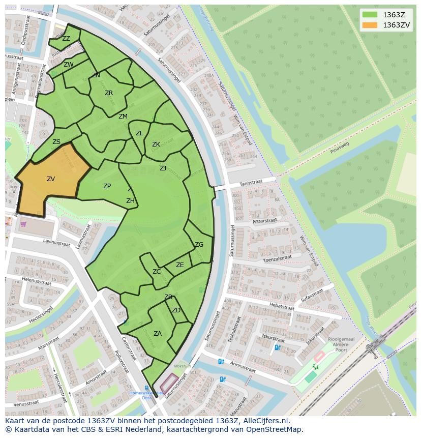 Afbeelding van het postcodegebied 1363 ZV op de kaart.