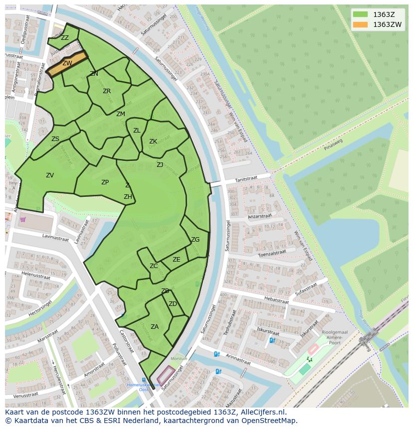 Afbeelding van het postcodegebied 1363 ZW op de kaart.