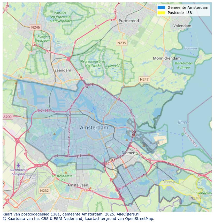 Afbeelding van het postcodegebied 1381 op de kaart.