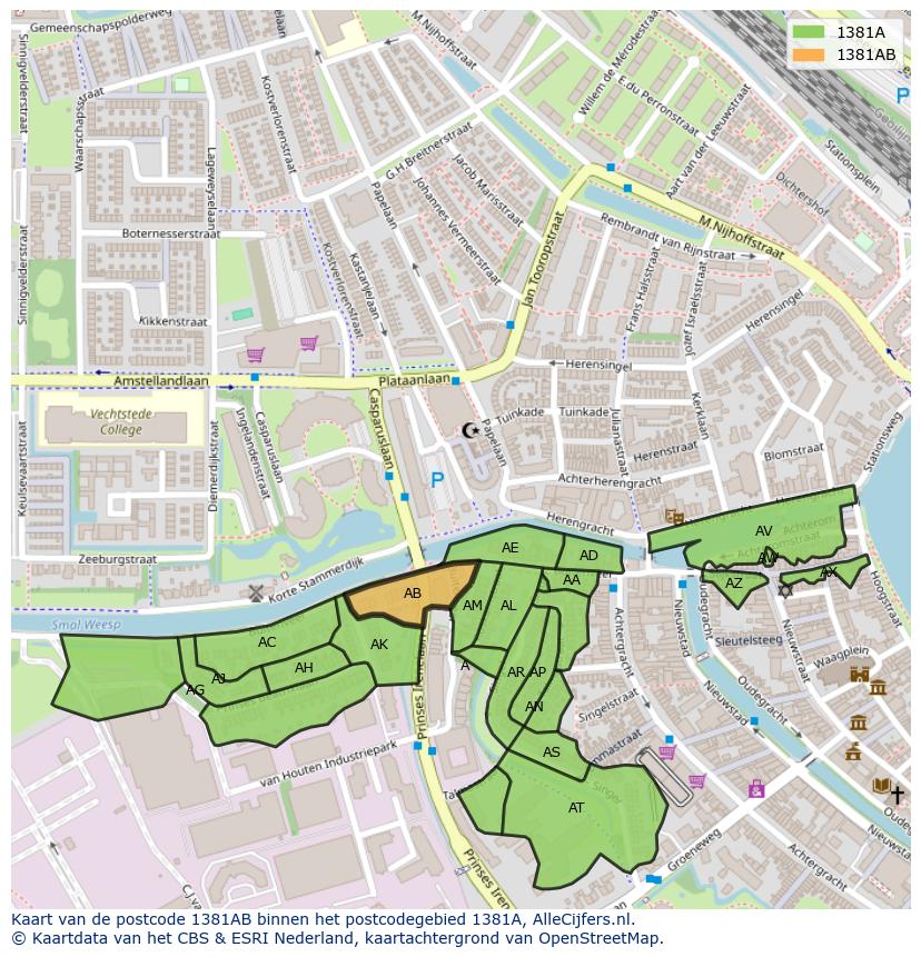 Afbeelding van het postcodegebied 1381 AB op de kaart.