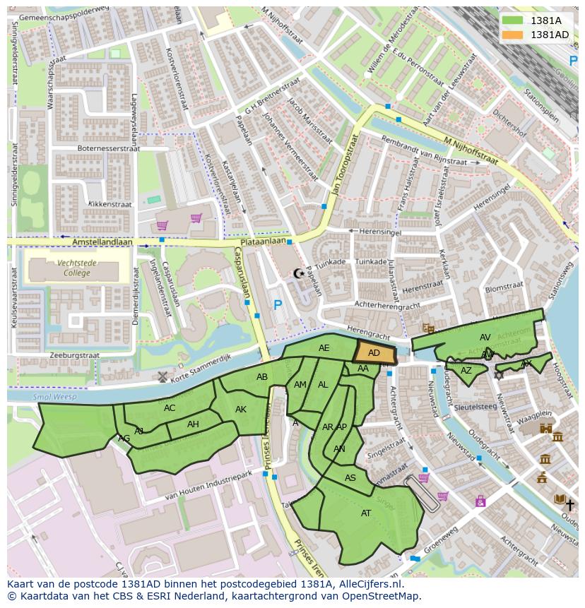 Afbeelding van het postcodegebied 1381 AD op de kaart.