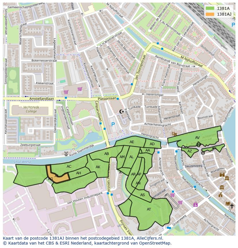 Afbeelding van het postcodegebied 1381 AJ op de kaart.