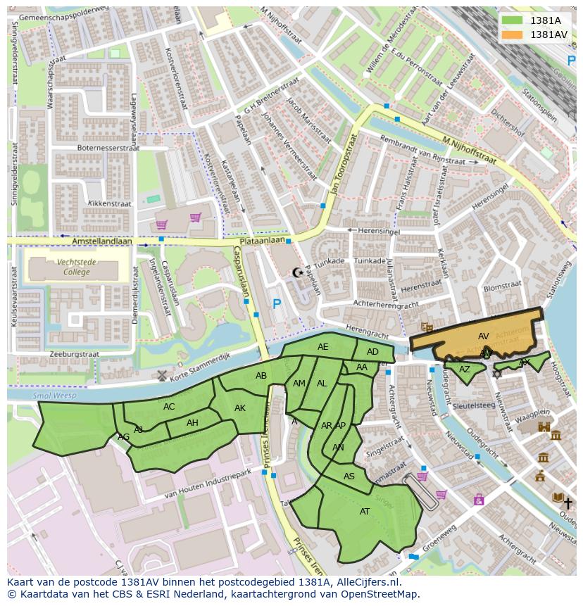 Afbeelding van het postcodegebied 1381 AV op de kaart.