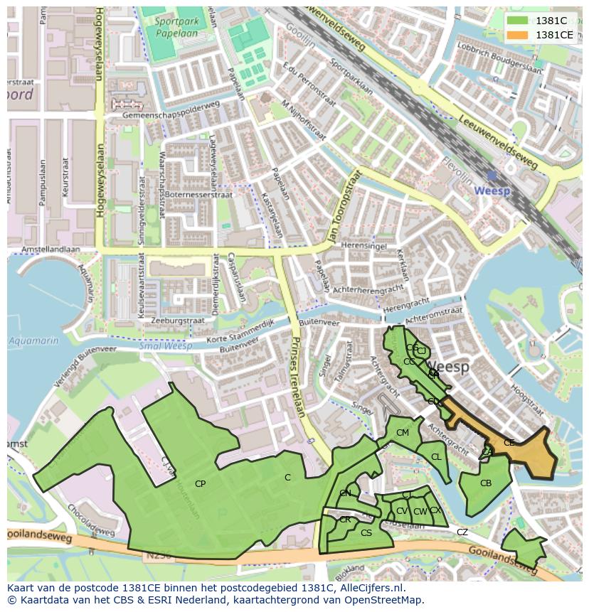 Afbeelding van het postcodegebied 1381 CE op de kaart.