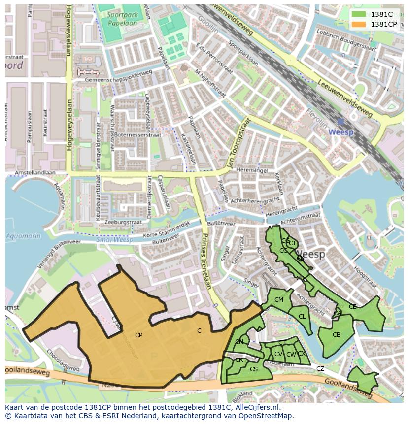 Afbeelding van het postcodegebied 1381 CP op de kaart.