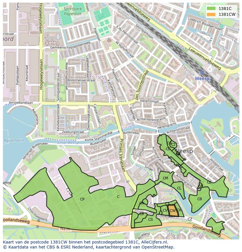 Afbeelding van het postcodegebied 1381 CW op de kaart.