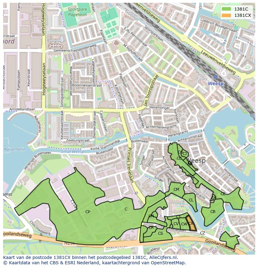 Afbeelding van het postcodegebied 1381 CX op de kaart.