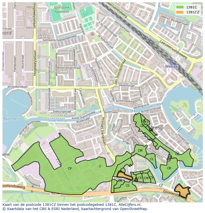 Afbeelding van het postcodegebied 1381 CZ op de kaart.