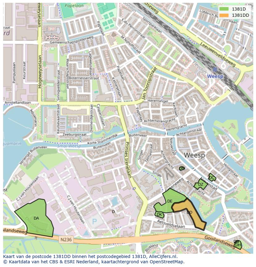 Afbeelding van het postcodegebied 1381 DD op de kaart.