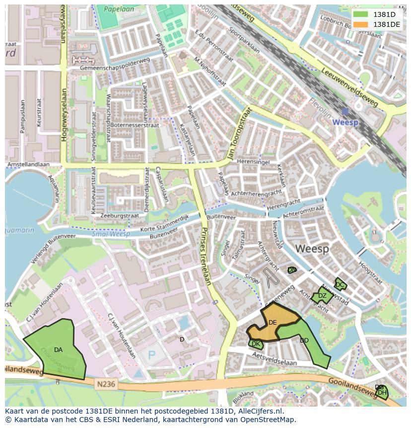 Afbeelding van het postcodegebied 1381 DE op de kaart.