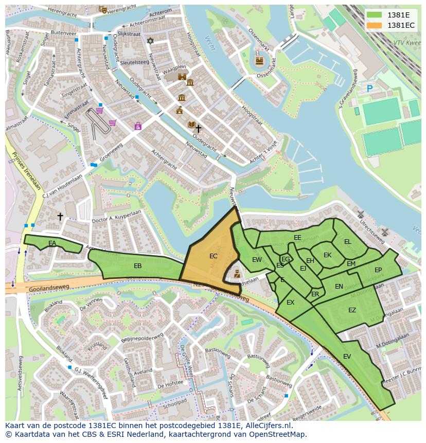 Afbeelding van het postcodegebied 1381 EC op de kaart.