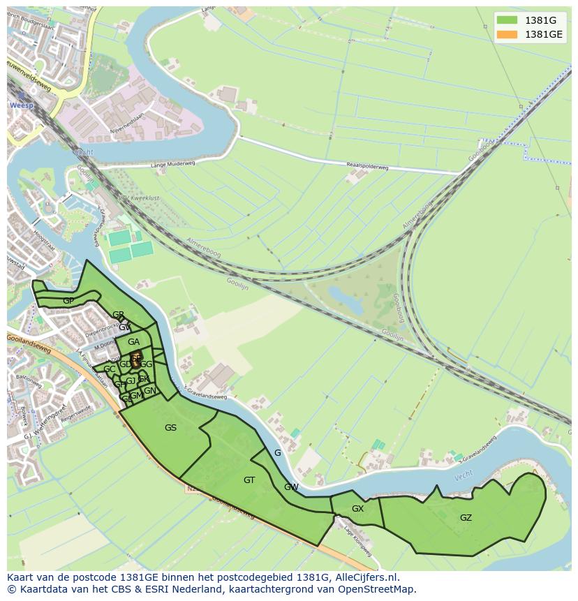 Afbeelding van het postcodegebied 1381 GE op de kaart.