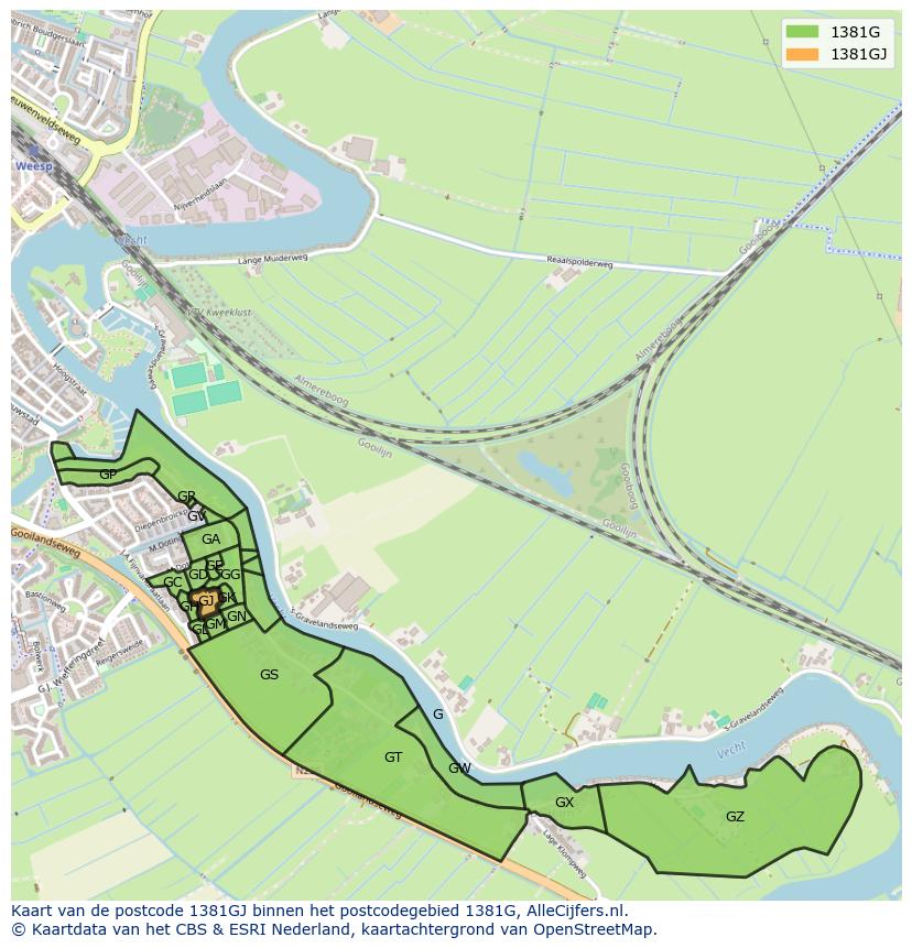Afbeelding van het postcodegebied 1381 GJ op de kaart.