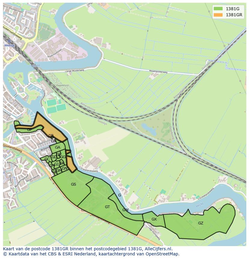 Afbeelding van het postcodegebied 1381 GR op de kaart.