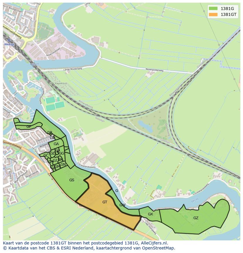 Afbeelding van het postcodegebied 1381 GT op de kaart.