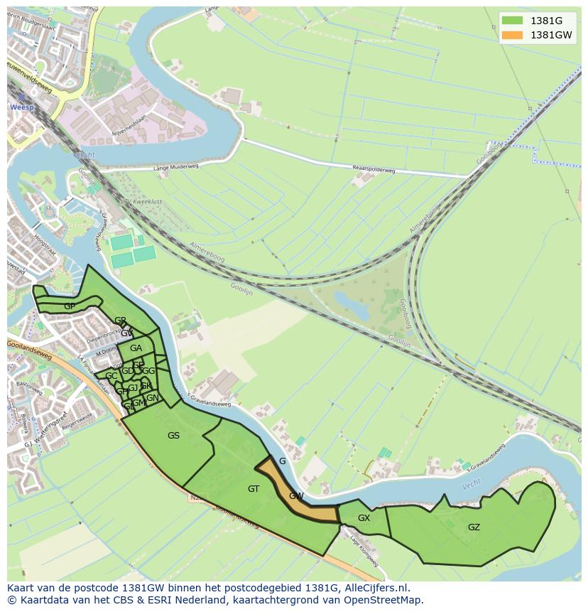 Afbeelding van het postcodegebied 1381 GW op de kaart.