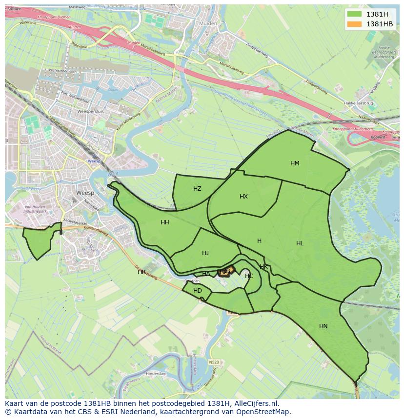Afbeelding van het postcodegebied 1381 HB op de kaart.