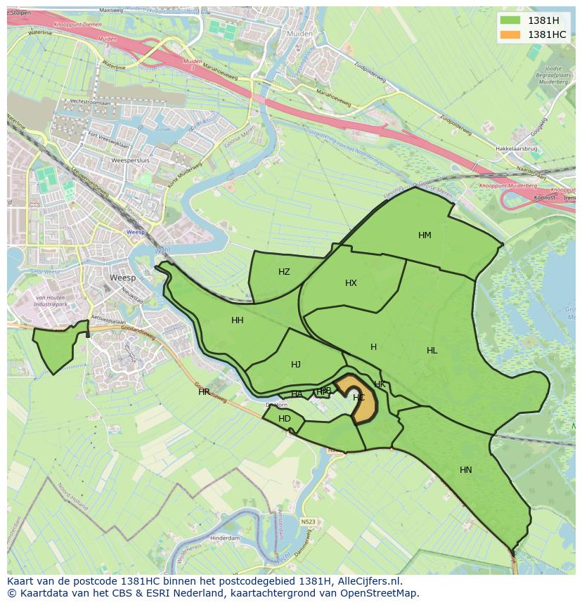 Afbeelding van het postcodegebied 1381 HC op de kaart.
