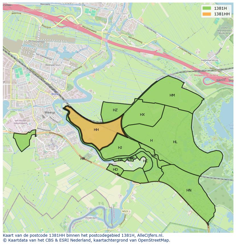 Afbeelding van het postcodegebied 1381 HH op de kaart.