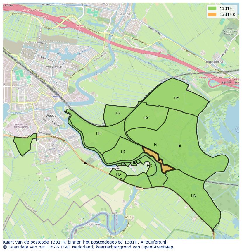 Afbeelding van het postcodegebied 1381 HK op de kaart.