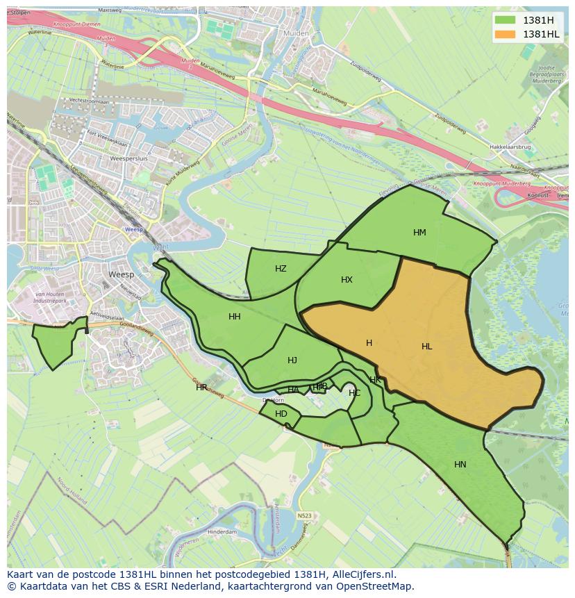Afbeelding van het postcodegebied 1381 HL op de kaart.