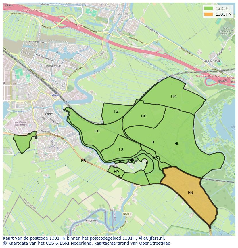 Afbeelding van het postcodegebied 1381 HN op de kaart.