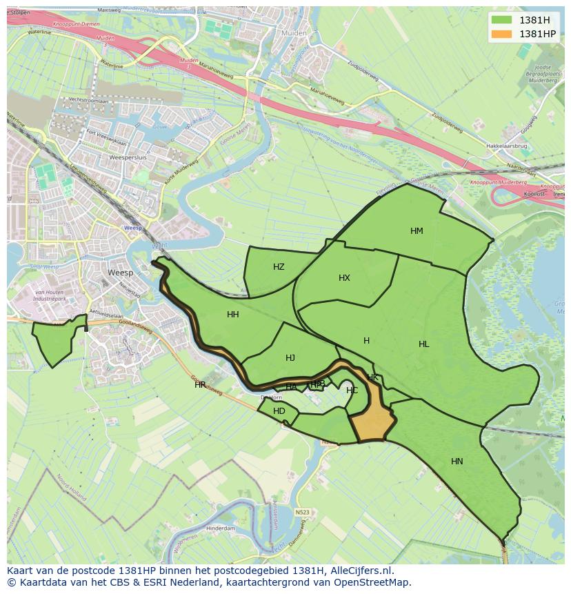 Afbeelding van het postcodegebied 1381 HP op de kaart.