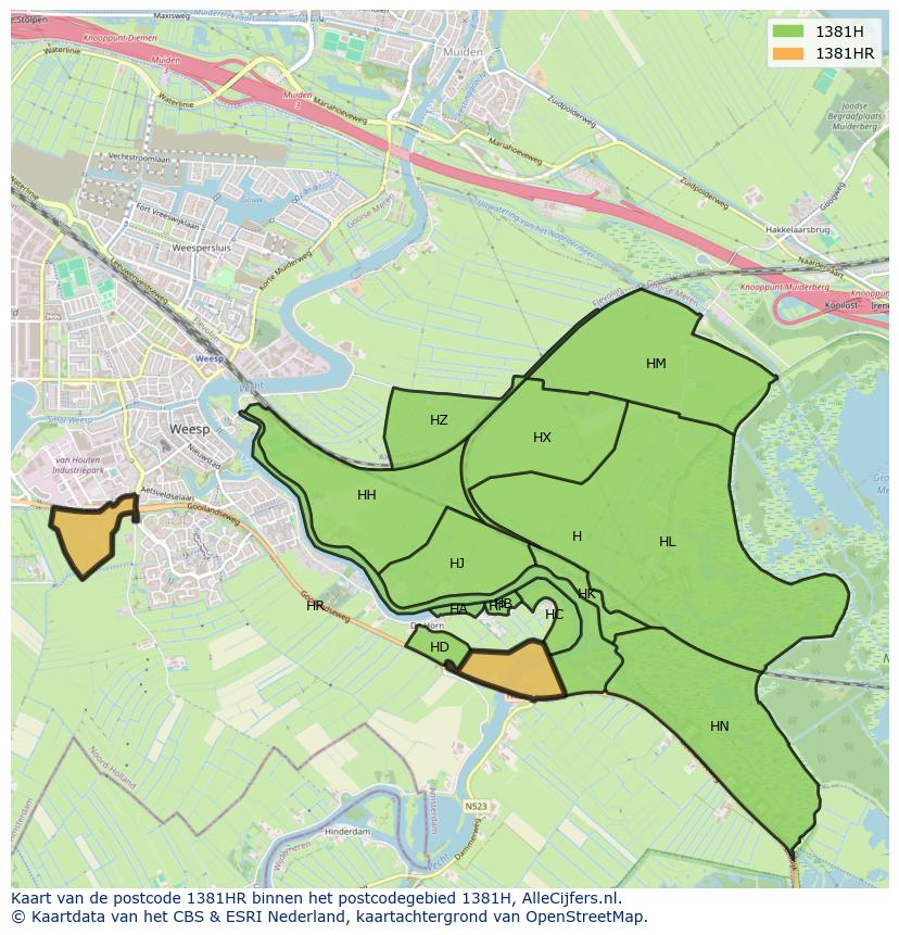 Afbeelding van het postcodegebied 1381 HR op de kaart.