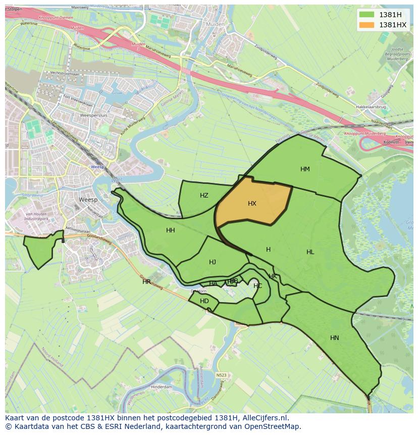 Afbeelding van het postcodegebied 1381 HX op de kaart.
