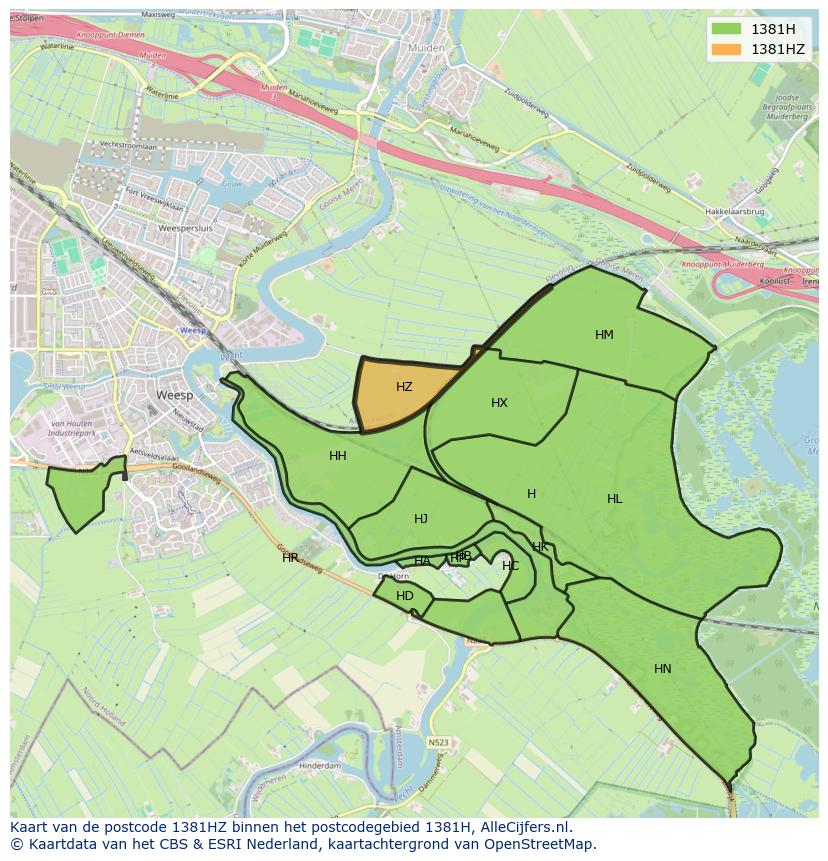 Afbeelding van het postcodegebied 1381 HZ op de kaart.