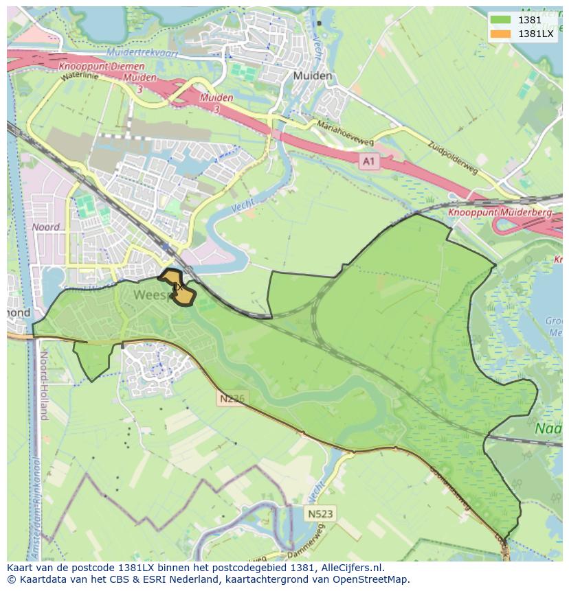 Afbeelding van het postcodegebied 1381 LX op de kaart.