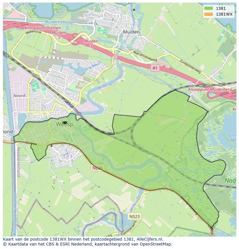 Afbeelding van het postcodegebied 1381 WX op de kaart.