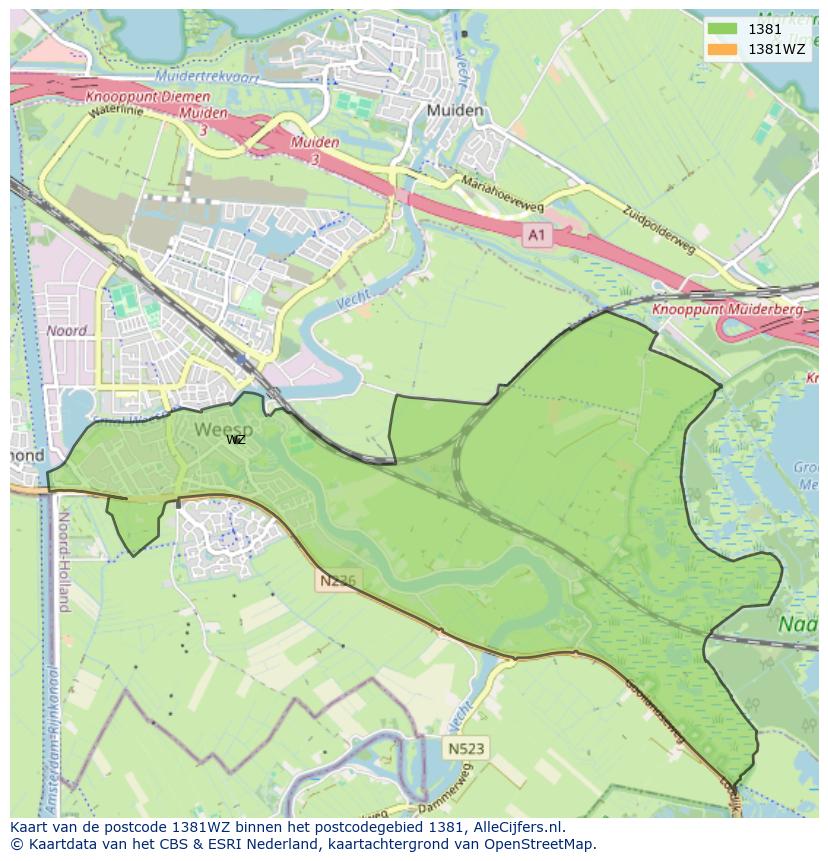 Afbeelding van het postcodegebied 1381 WZ op de kaart.