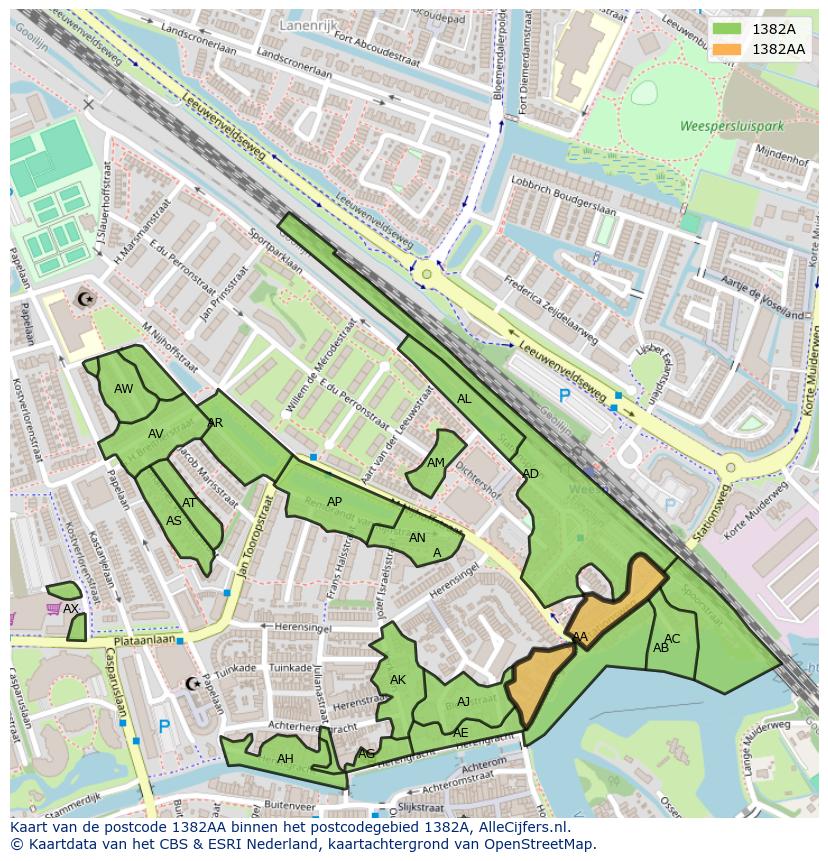 Afbeelding van het postcodegebied 1382 AA op de kaart.