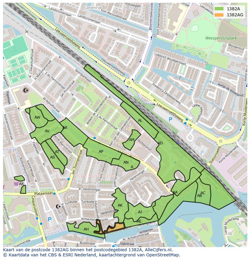 Afbeelding van het postcodegebied 1382 AG op de kaart.