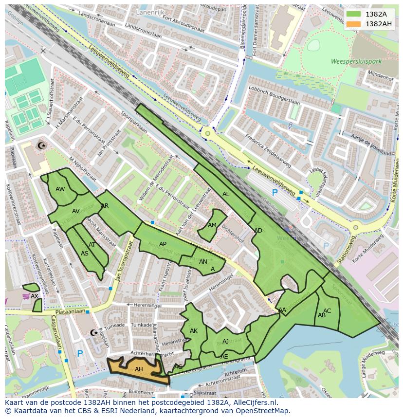 Afbeelding van het postcodegebied 1382 AH op de kaart.