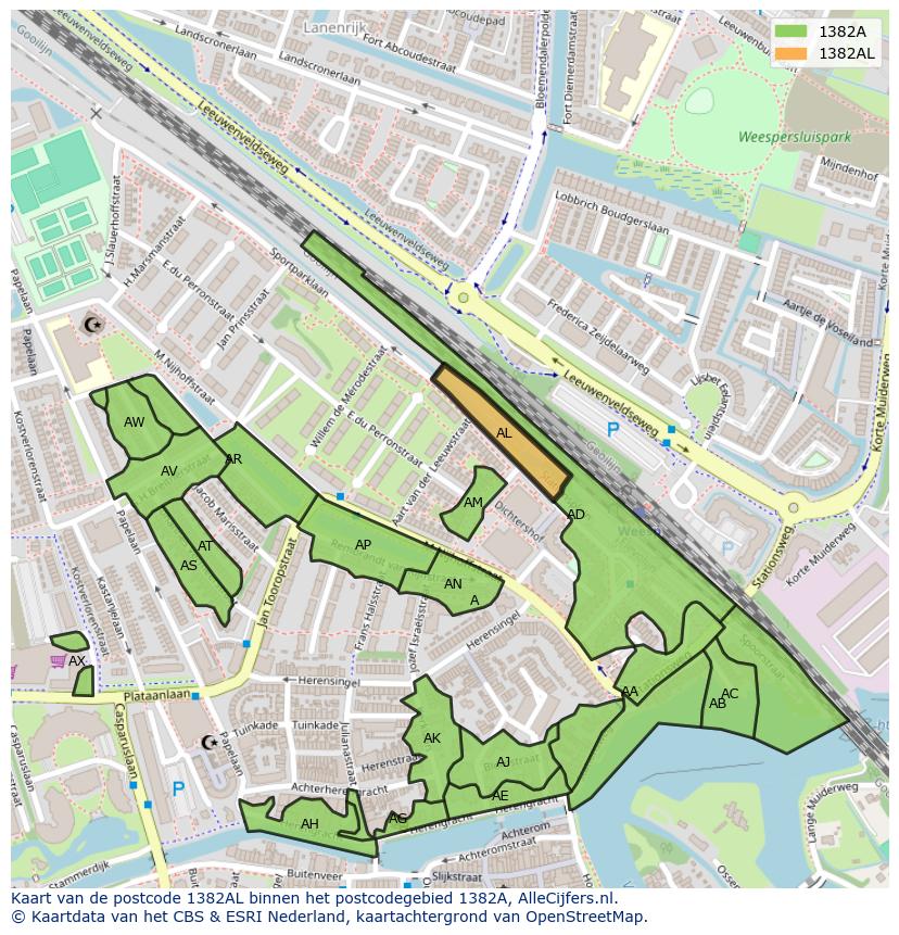 Afbeelding van het postcodegebied 1382 AL op de kaart.