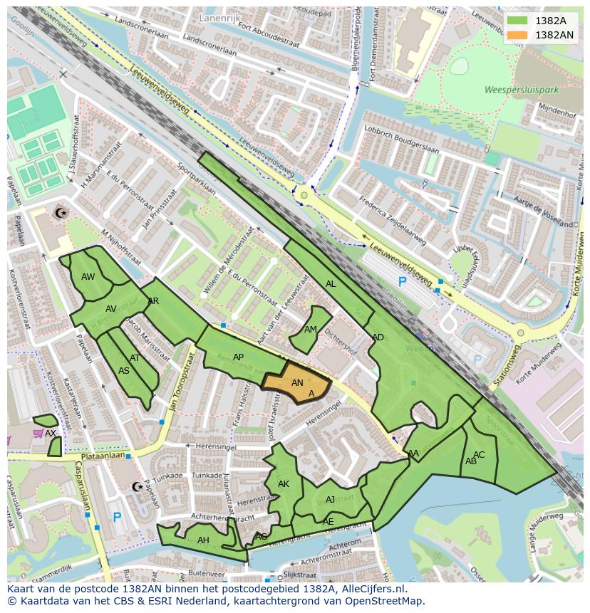 Afbeelding van het postcodegebied 1382 AN op de kaart.