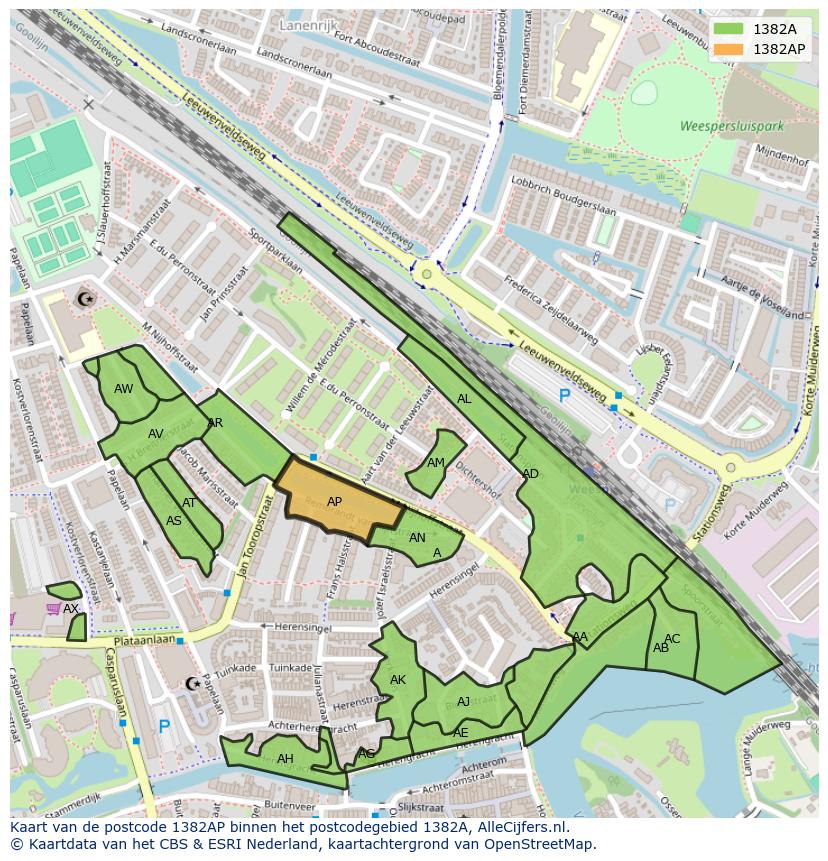Afbeelding van het postcodegebied 1382 AP op de kaart.