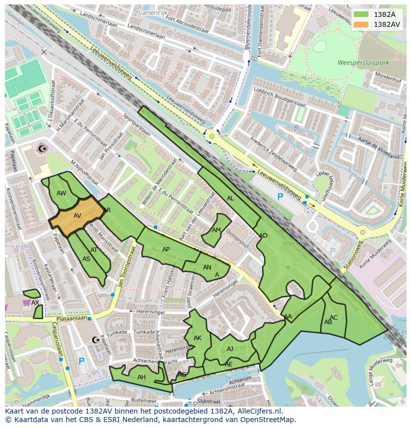Afbeelding van het postcodegebied 1382 AV op de kaart.