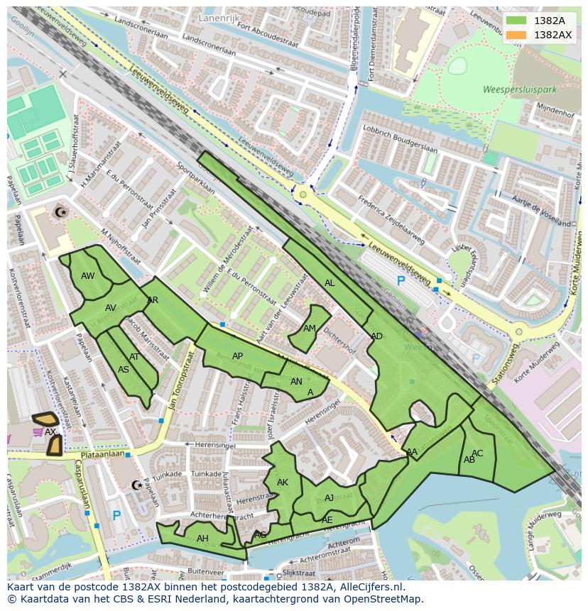 Afbeelding van het postcodegebied 1382 AX op de kaart.