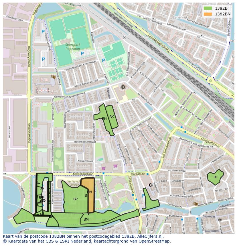 Afbeelding van het postcodegebied 1382 BN op de kaart.