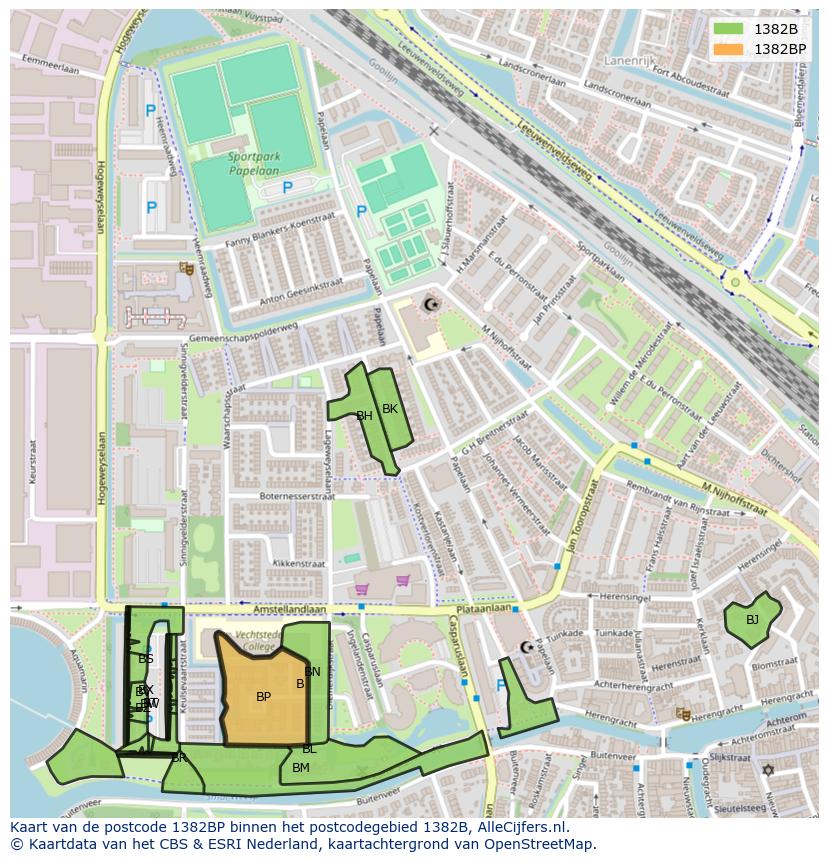 Afbeelding van het postcodegebied 1382 BP op de kaart.