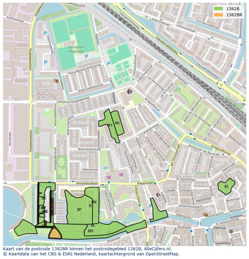Afbeelding van het postcodegebied 1382 BR op de kaart.