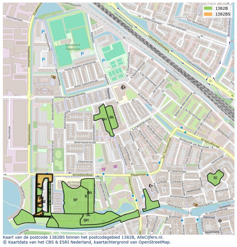 Afbeelding van het postcodegebied 1382 BS op de kaart.