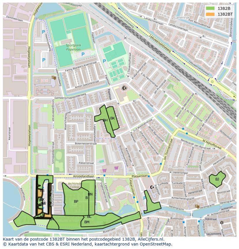 Afbeelding van het postcodegebied 1382 BT op de kaart.