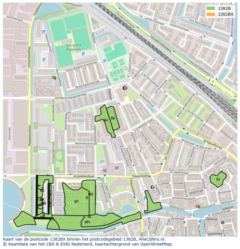 Afbeelding van het postcodegebied 1382 BX op de kaart.