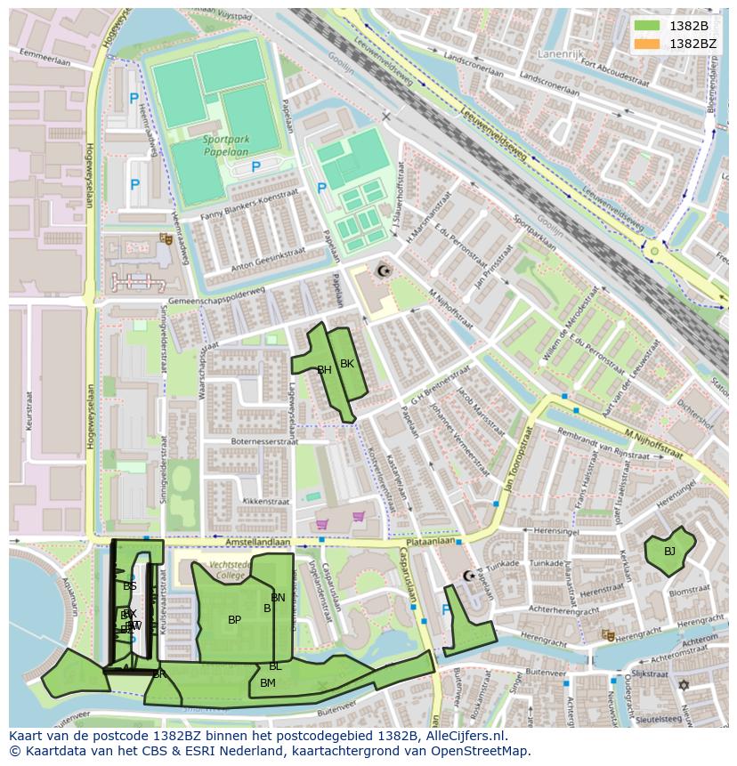 Afbeelding van het postcodegebied 1382 BZ op de kaart.